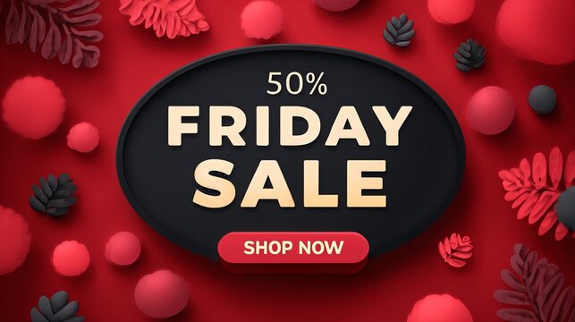 Amazing 50 percent off Friday sale promotion with shop now button and stylish red background for your marketing
