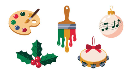 Artistic Decorations and Festive Spirit: Capturing the essence of artistic expression and festive cheer, this vibrant scene showcases a palette, paintbrush, Christmas ornaments and decorations.