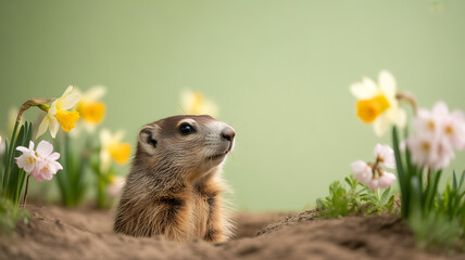 Ground squirrel peeking from burrow surrounded by spring flowers