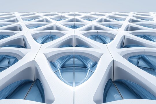 A grid of parametric architectural patterns in white and blue, rendered hyper-realistically for modern architectural visualization, abstract design concepts, and futuristic digital art projects.