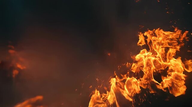 Close view of roaring fire tongues licking upward, a visceral abstract that signals risk, emergency, intensity, and raw energy for news openers, safety PSAs, and cinematic overlays.