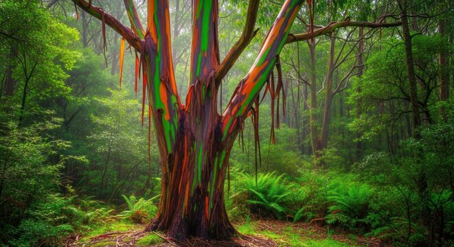 A majestic eucalyptus tree with vibrant, multi-colored bark stands tall in a lush forest, surrounded by ferns and other greenery. - Powered by Adobe