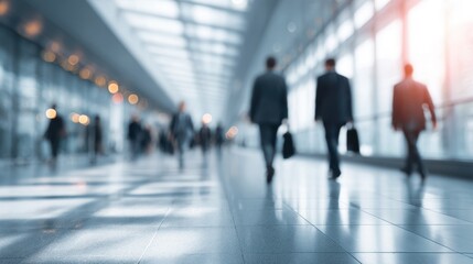 Business professionals engage in a busy workday while navigating a modern hall filled with natural light and reflections