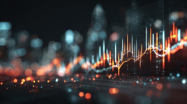 Futuristic financial data analysis scene featuring glowing charts and graphs in a dark urban setting at night