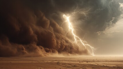Dramatic sand storm with lightning striking during a fierce desert thunderstorm at sunset