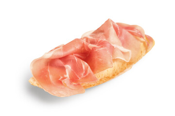 Tasty sandwich with prosciutto on white background