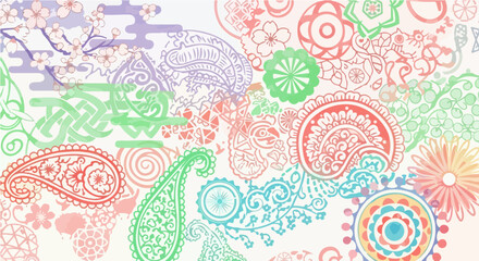 Fototapeta premium Delicate and colorful illustration of traditional ornamental patterns, featuring a beautiful fusion of paisley, floral, and Asian motifs