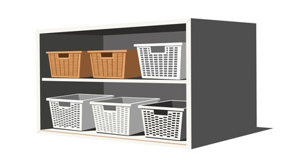 Storage shelf with decorative baskets in modern minimalist style  