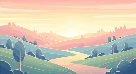 Tranquil pastel landscape illustrating the serene beauty of dawn or dusk over gentle rolling hills, with a winding path symbolizing peaceful journeys and new beginnings