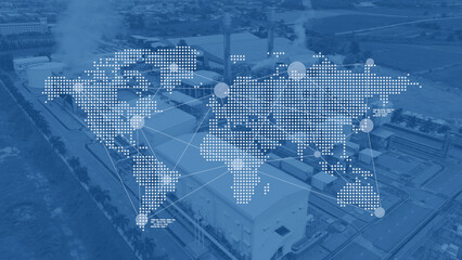 Blank World map overlay with large industry factory building, Power plant, Petroleum complex background