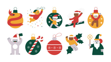 Fototapeta premium Festive Ornaments for Christmas: A set of ten uniquely crafted Christmas ornaments showcases various delightful designs and characters, perfect for spreading holiday cheer.