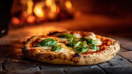 Authentic Neapolitan pizza topped with fresh mozzarella and basil in a traditional wood-fired oven setting