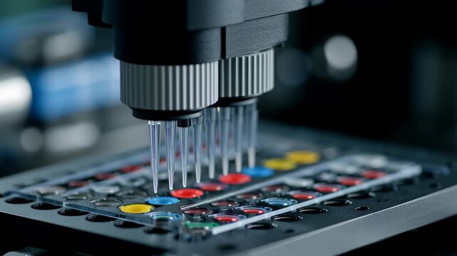 Close-up precision controlled reagent flow over molecular tumor diagnostic platform, elegant documentary clinical, precision oncology lab
