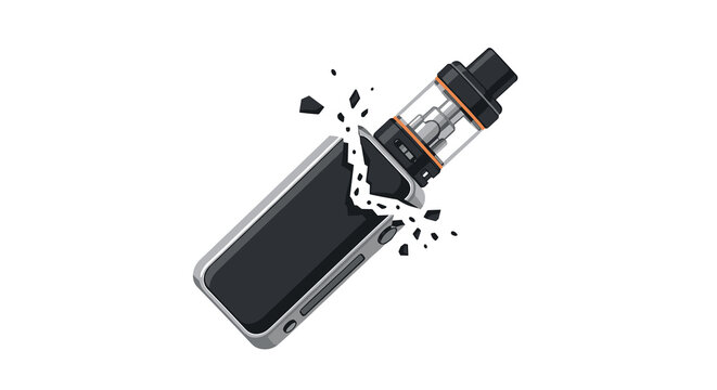Broken vape device with shattered glass and black casing  