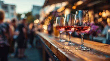 Fototapeta premium Wine and drinks elegantly displayed on a wooden bar at a lively outdoor gathering during sunset with guests mingling in the background