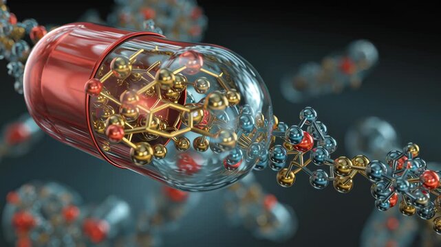 Close-up receptor lock and key metaphor between drug capsule and molecular receptor site, clean editorial biotech, targeted drug delivery