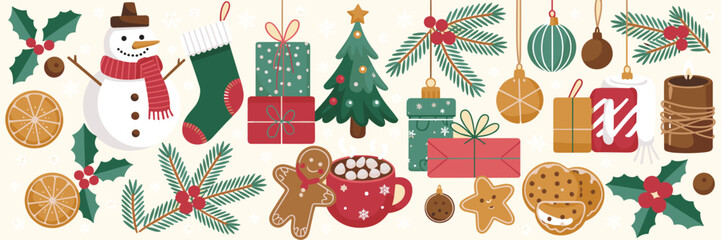 Collection of Christmas Decorations and Treats in Flat Design holiday festive