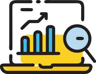 Laptop Screen Displaying Growing Business Bar Graph and Line Chart, Data Analysis with Zoom Out Magnifying Glass, Digital Vector Icon