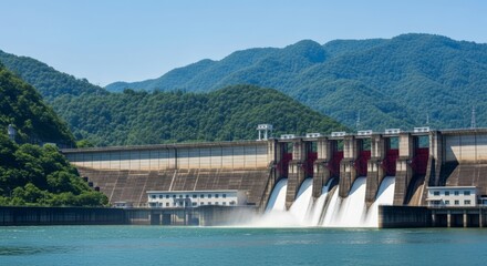Massive Hydroelectric Dam Releasing Water in Green Mountains