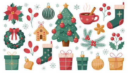 Festive Christmas Elements Collection With Poinsettias Holly Berries And Gifts holiday decoration