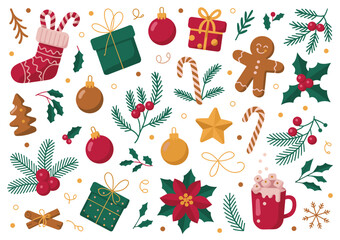 Festive Christmas Elements Scattered on White Background with Snowflakes and Berries Keywords: christmas, holiday, festive, winter, season