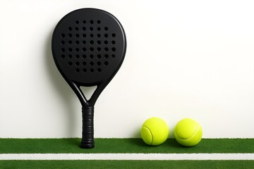 Paddle tennis racket. Background with copy space. Sports field and balls, isolated on white background