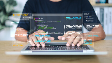 AI developer coding on laptop and tablet with virtual interface, data visualization, and programming code. Concept of artificial intelligence, software development, and innovation.