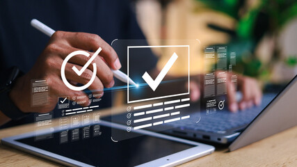 Businessman showing online document validation icon, quality assessment management With a checklist, business document evaluation process, market data report analysis and consulting.