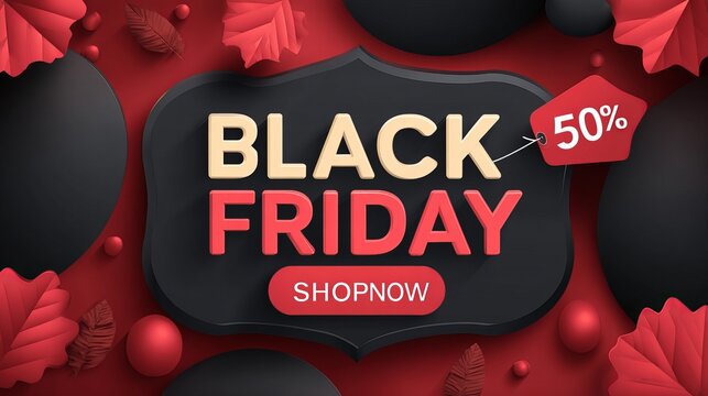 Stunning Black Friday 50% off sale announcement with vibrant red and black design and shop now button