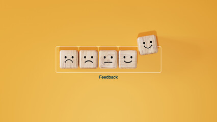 Customer satisfaction and feedback concept with wooden blocks showing various emotion faces from sad to happy on yellow background. Rating, service quality, survey, and review idea.
