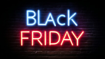 Fototapeta premium Vibrant neon 'Black Friday' sign glows on dark brick wall creating exciting holiday shopping atmosphere