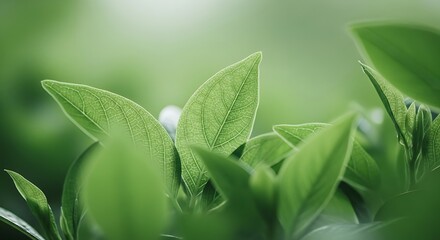 Fototapeta premium Close Up Green Leaves with Veins and Soft Focus Background