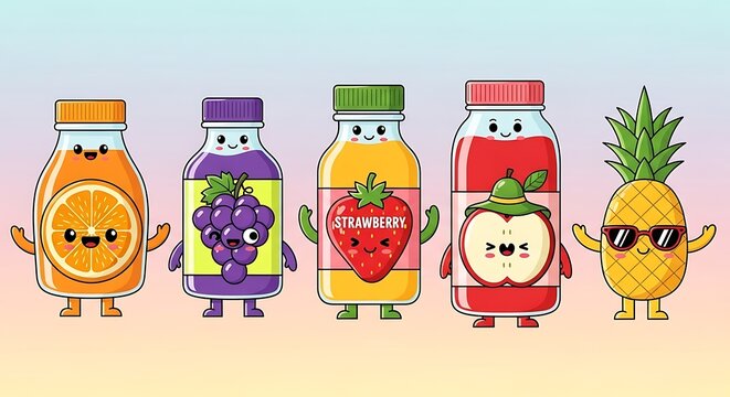 Cute Kawaii Fruit Juice Bottles and Pineapple Character Collection.