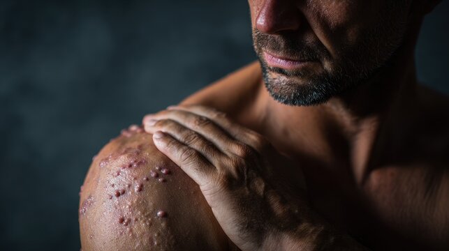 Close view of a patient showing skin rash with blisters caused by herpes zoster on the shoulder in a clinical setting