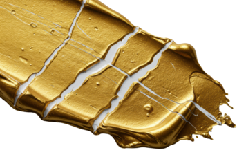 Molten, highly viscous metallic gold paint stroke with sharply incised white scratches on a transparent background, dramatic studio lighting, macro close-up liquid metal sheen concept.