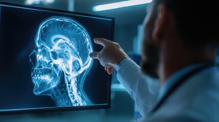 Doctor analyzes brain x-ray in hospital setting during daylight hours to assess patient condition and share insights with medical team