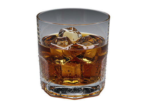 Crystal-clear glass tumbler with amber whiskey, geometric melting ice cubes, and condensation, against a transparent background, low-angle studio shot, concept of sophisticated indulgence