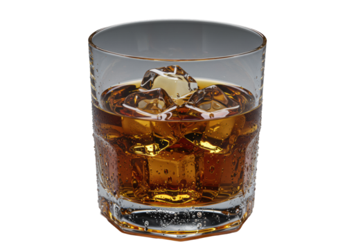 Crystal-clear glass tumbler with amber whiskey, geometric melting ice cubes, and condensation, against a transparent background, low-angle studio shot, concept of sophisticated indulgence - Powered by Adobe