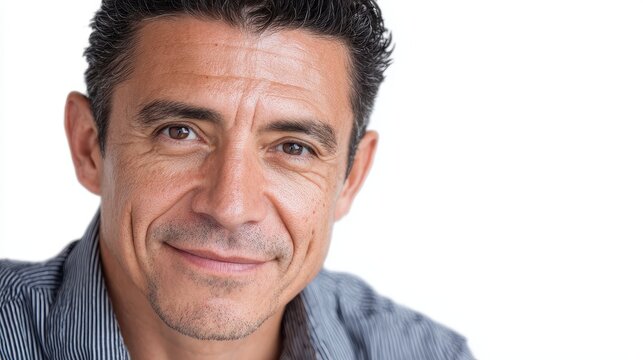 Closeup portrait of a mature adult man with warm smile and expressive eyes against a light background, conveying confidence and approachability in a relaxed setting