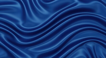 Close-up of luxurious deep blue satin fabric with elegant flowing waves and soft, smooth folds, creating a rich and opulent texture.