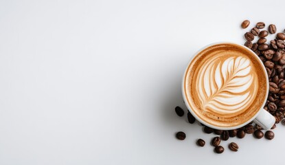 A latte art design, a leaf pattern, adorns a white mug filled with a rich, light brown liquid, surrounded by scattered coffee beans, against a clean, plain white backdrop.