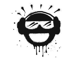 Smiling face emoticon character with headphone. Spray painted graffiti smile face in black over white. isolated on white background. vector illustration