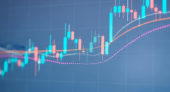 Professional financial chart analysis, featuring blue and pink candlesticks and data trends on a dark interface, symbolizing market growth. - Powered by Adobe