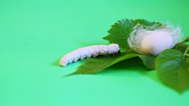 Silkworm make cocoon on green mulberry leaf
