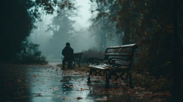 Sadness envelops a man sitting alone on a park bench under gray skies during a rainy autumn day in a quiet, abandoned area of the city - Powered by Adobe