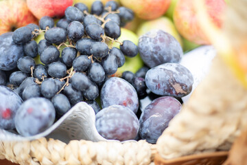 Grapes and plums. Fruit basket. Healthy food.