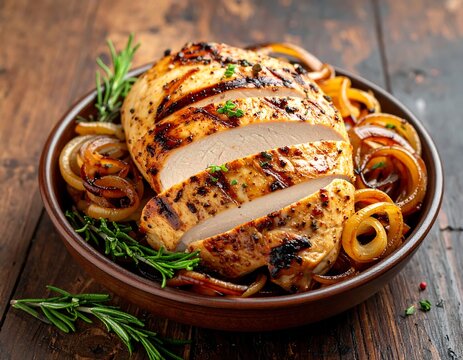 Sliced grilled poultry breast with caramelized onions and rosemary