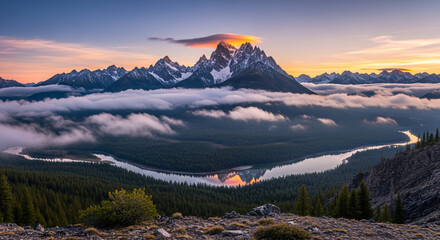 Majestic mountain range landscape with clouds and river at sunset scenic vista