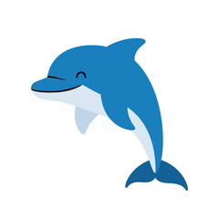 Fototapeta premium Smiling Blue Dolphin Leaping Playfully, a Charming Cartoon Illustration of a Friendly Marine Animal perfect for Children's Designs and Aquatic Themes