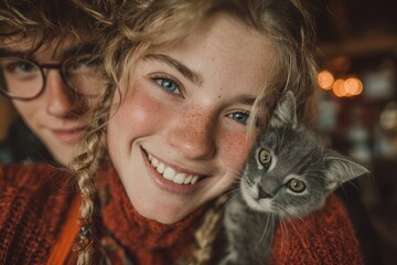 Joyful young woman with cat kitten, smiling, cozy